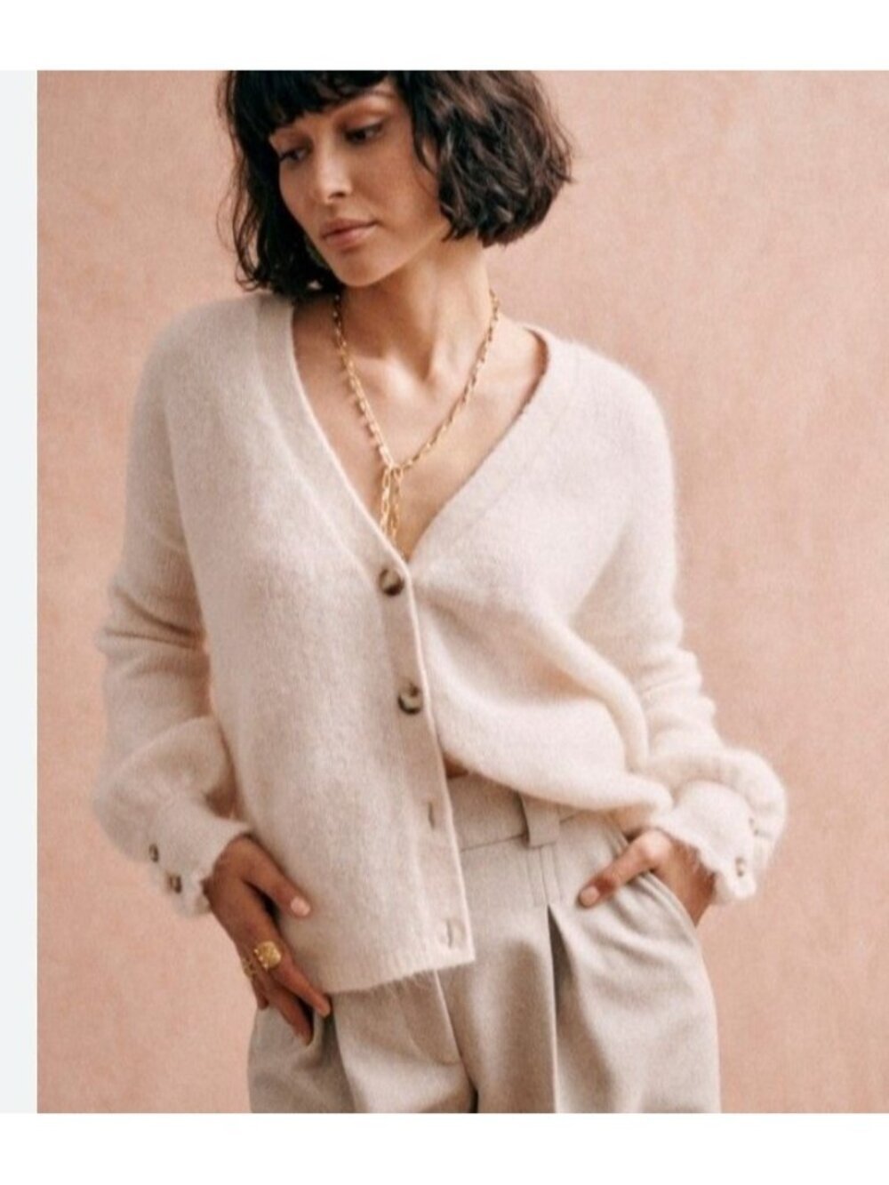 Sézane Paris Mohair Wool Blend Cardigan Ivory Button Front Oversized M/ L